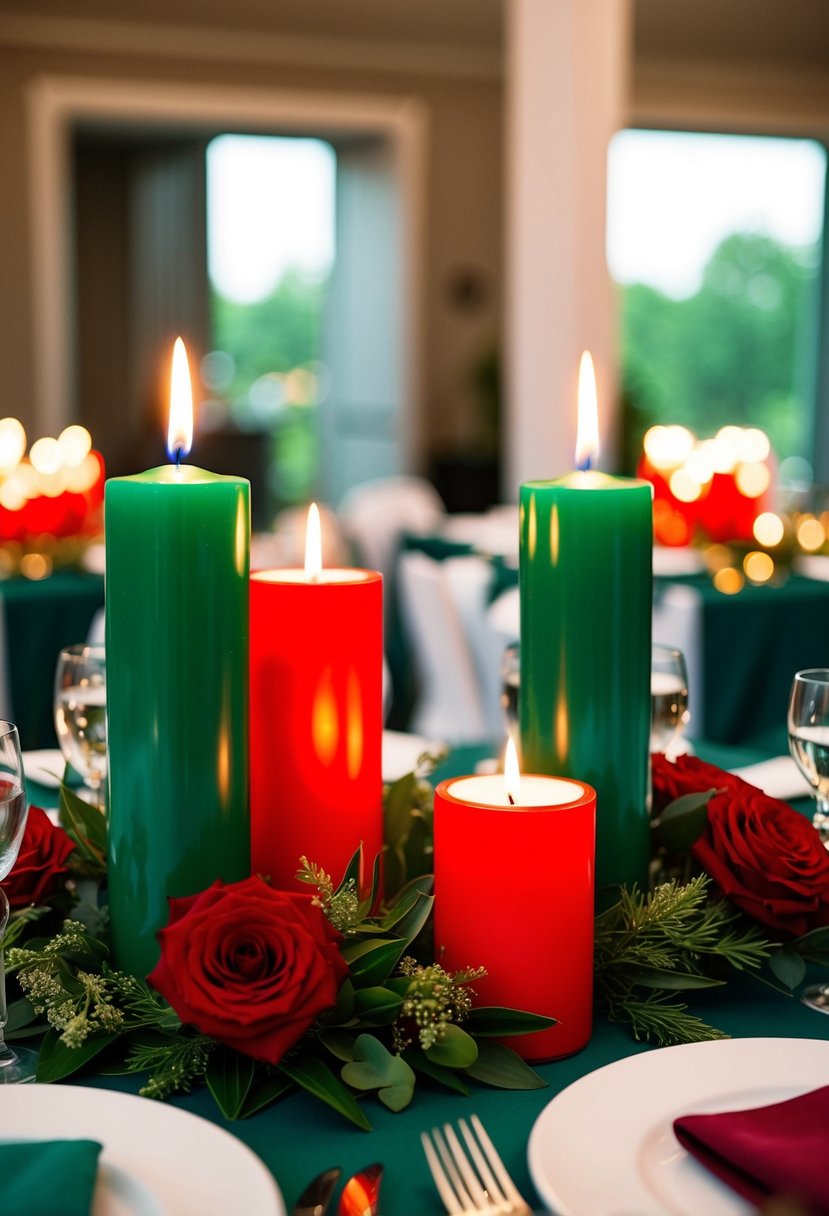 Emerald and red centerpieces with lit candles on a wedding reception table