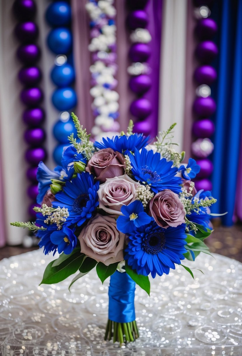 A bridal bouquet featuring royal blue and mauve flowers, set against a backdrop of royal blue and mauve wedding decor