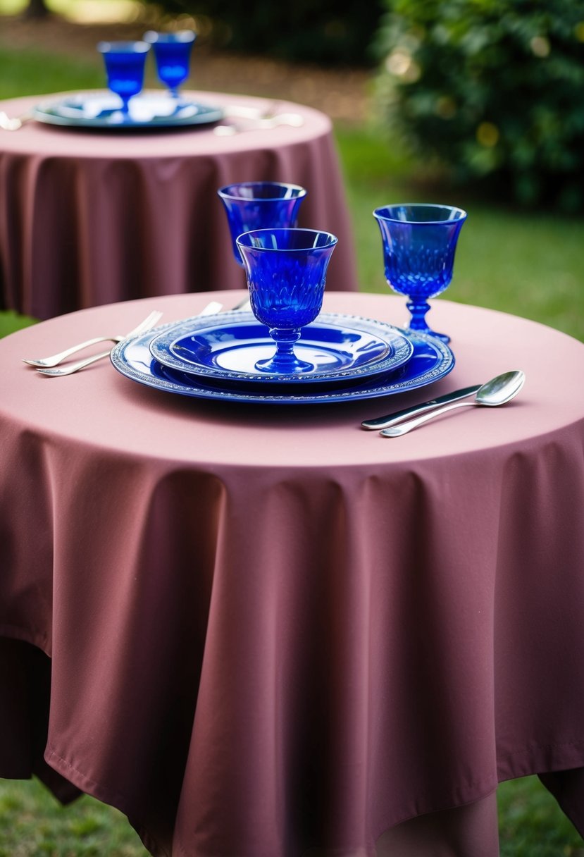 Mauve tablecloth with royal blue glassware on top