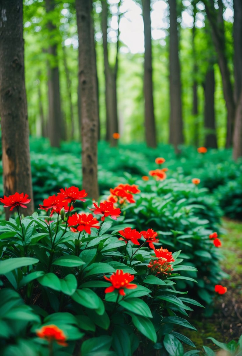 A lush emerald green forest with vibrant red flowers and rustic wooden accents