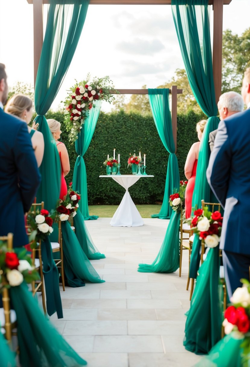 An outdoor ceremony with emerald drapes, adorned with emerald and red wedding decor