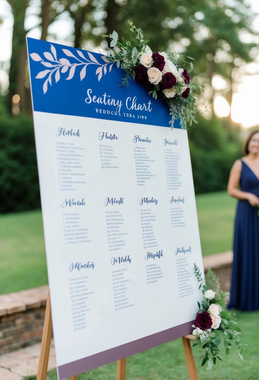 A seating chart adorned with royal blue headings and mauve details for a royal blue and mauve themed wedding