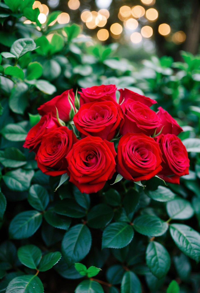 A bouquet of vibrant red roses surrounded by lush emerald greenery