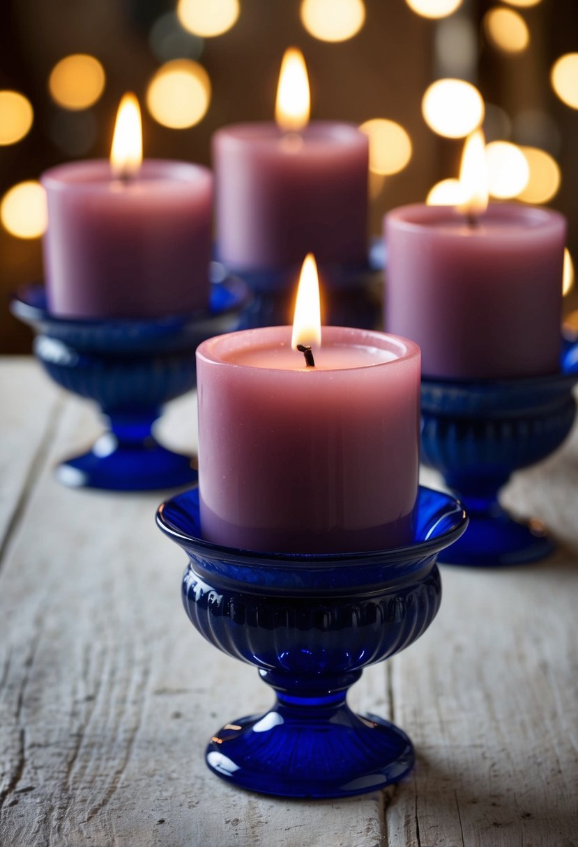 Mauve candles in royal blue holders casting romantic light