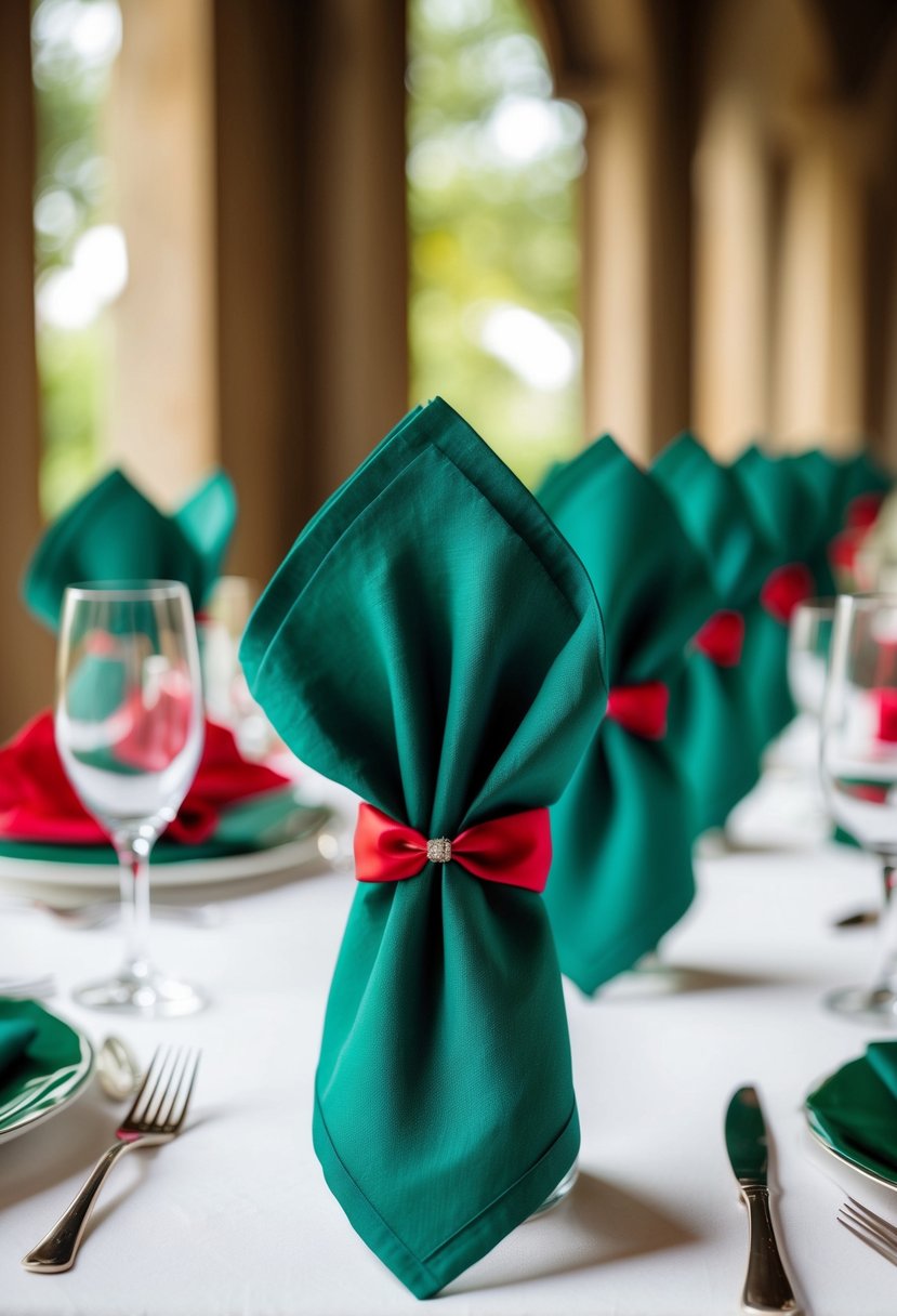 Emerald green napkins tied with red ribbons on a wedding table