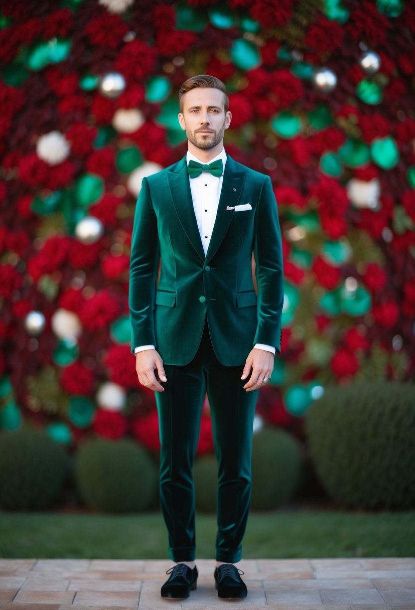 An emerald velvet suit stands out against a backdrop of rich red and emerald wedding colors