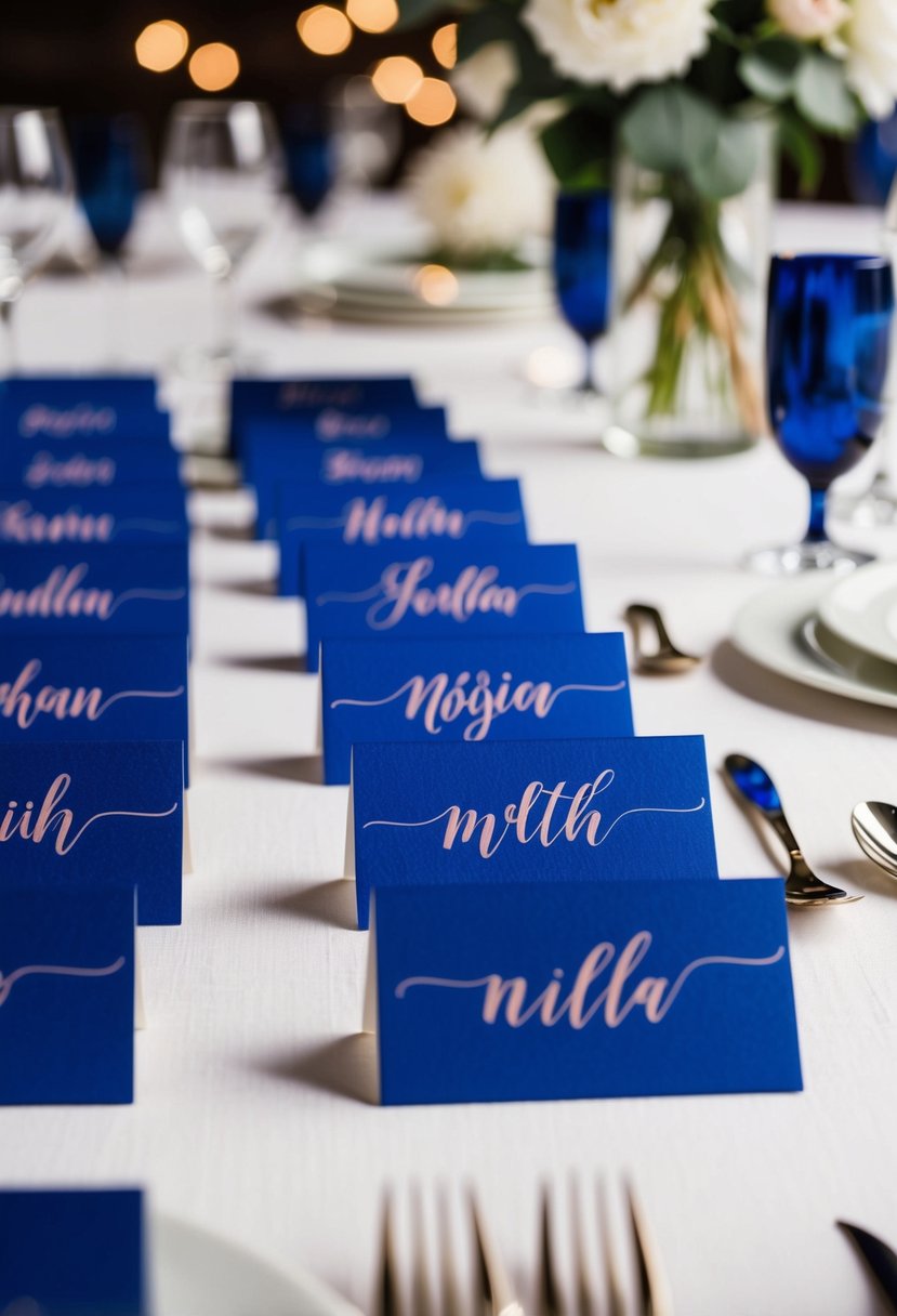 Royal blue place cards arranged with mauve calligraphy on a white linen tablecloth