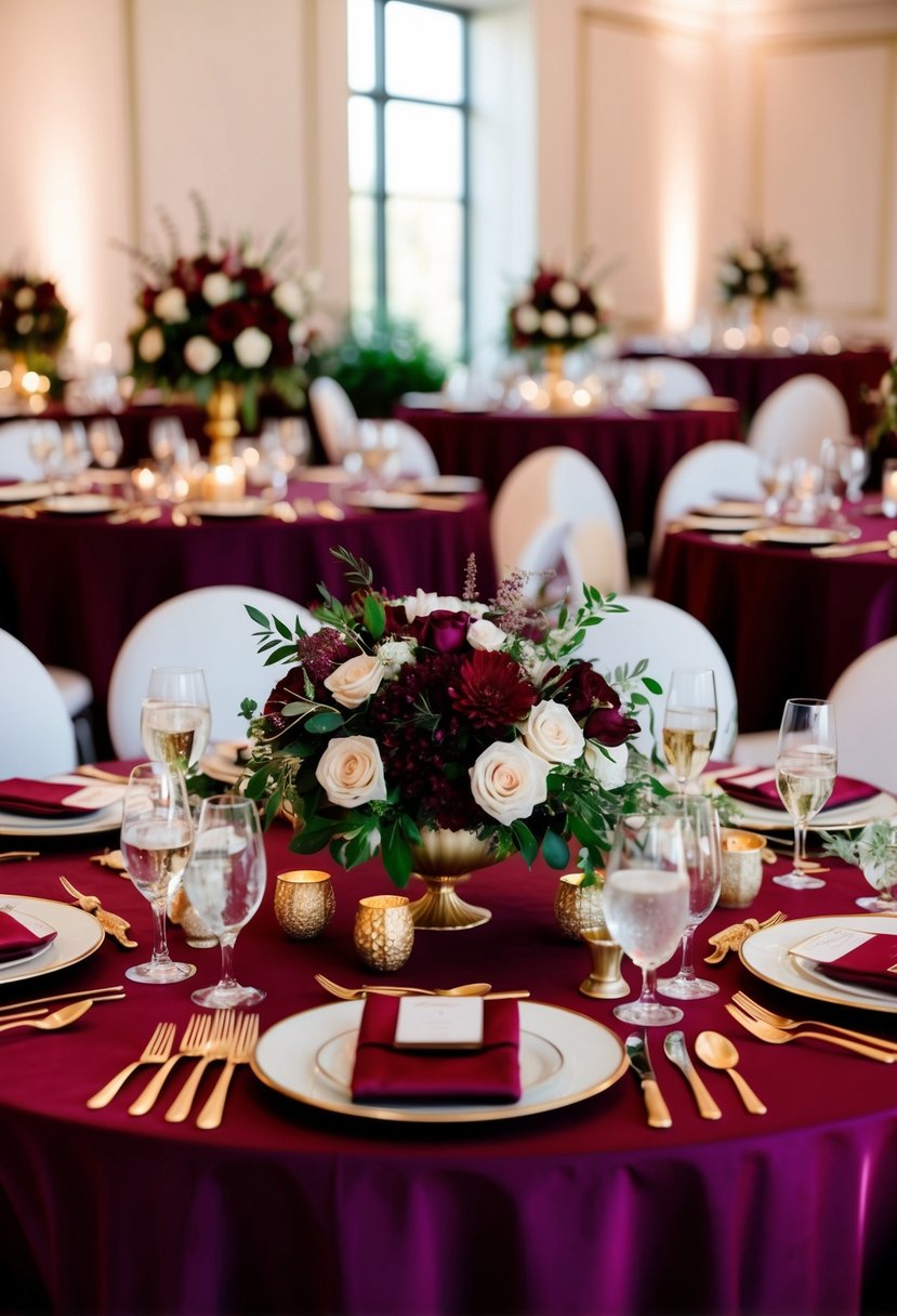 A luxurious burgundy wedding table setting with rich floral centerpieces and elegant gold accents