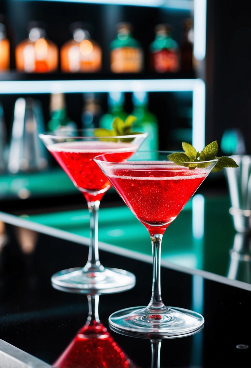 Sparkling red cocktails with emerald details on a sleek, modern bar