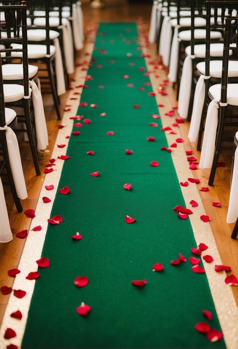 An emerald green aisle runner adorned with scattered red petals