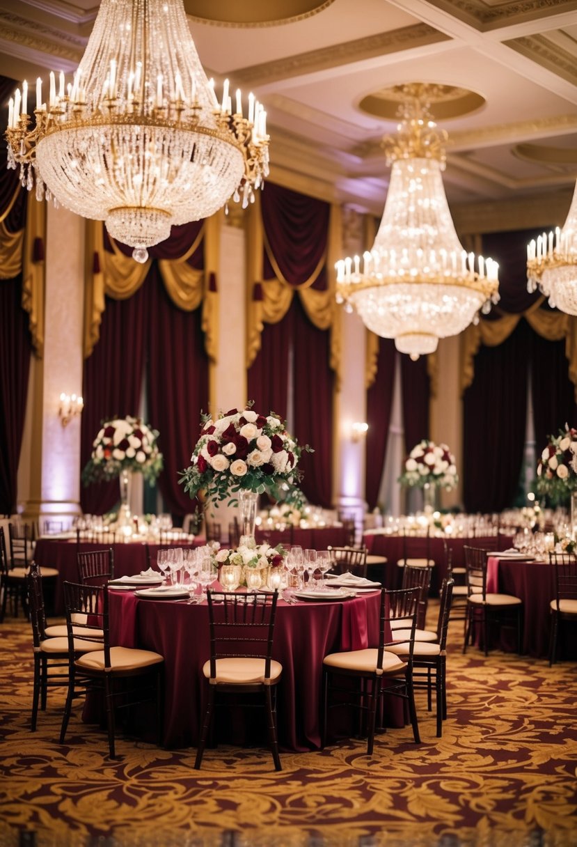 A grand ballroom adorned in rich burgundy and gold decor, with elegant floral arrangements and opulent chandeliers creating a luxurious ambiance