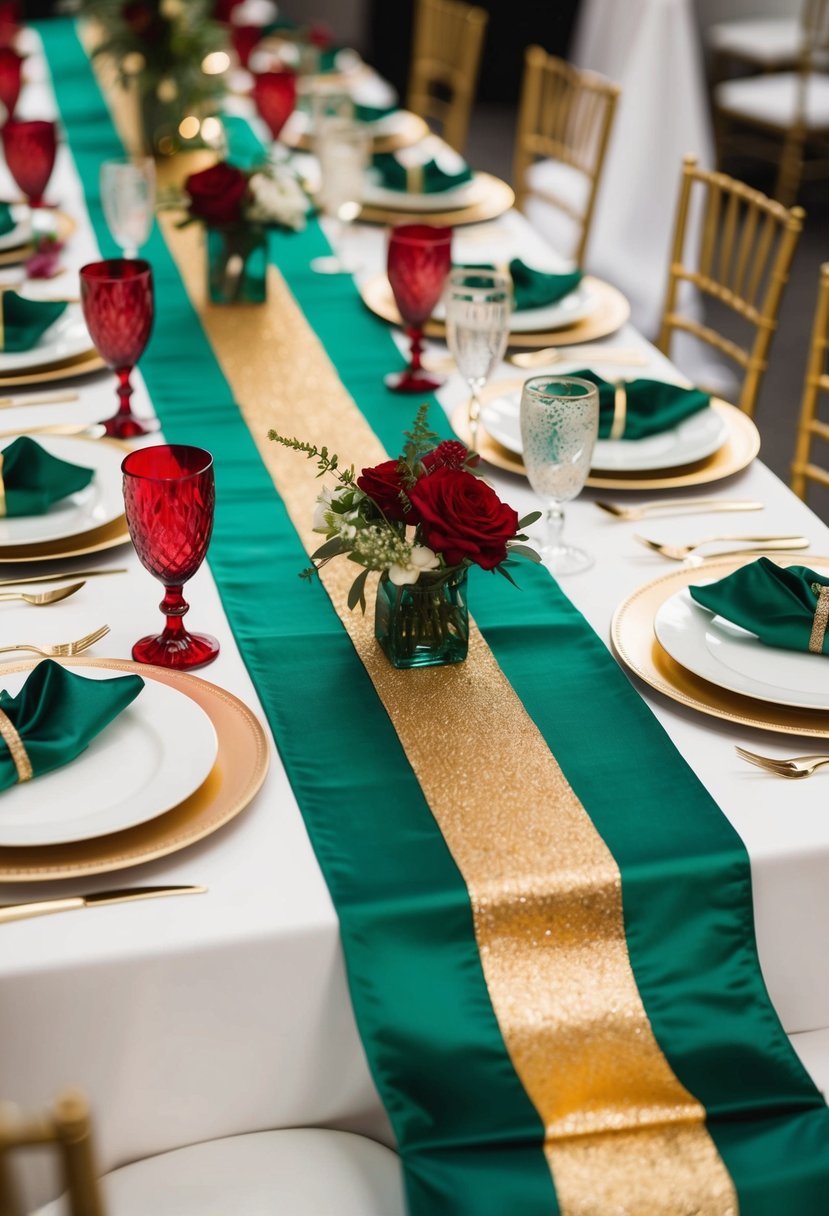 Gold and emerald table runners draped across a table with emerald and red wedding decor