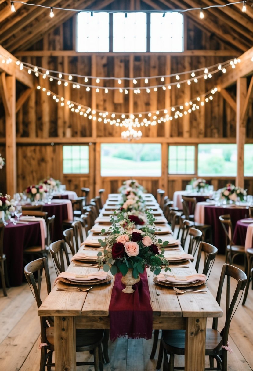 A cozy barn wedding with burgundy and blush decor, featuring rustic wooden tables adorned with floral centerpieces and twinkling string lights overhead