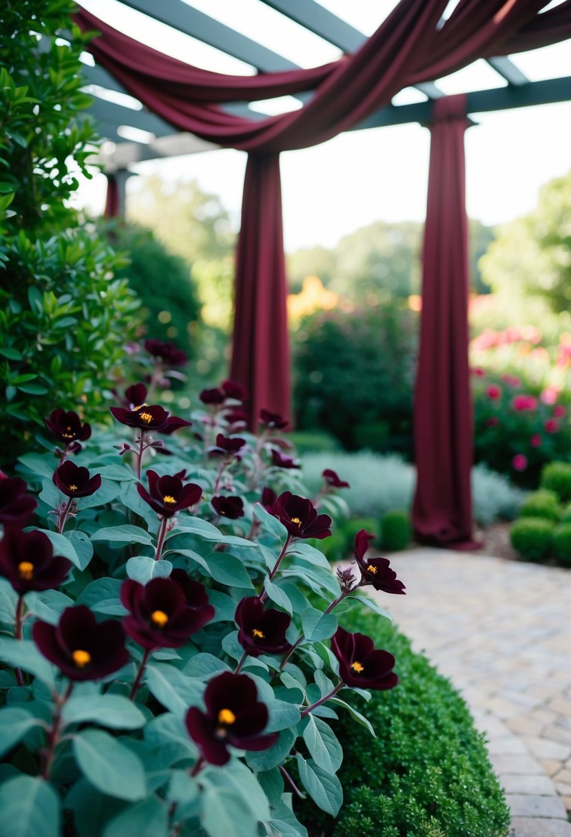 A lush garden with deep burgundy flowers and sage green foliage, set against a backdrop of rich burgundy fabric draping from a pergola