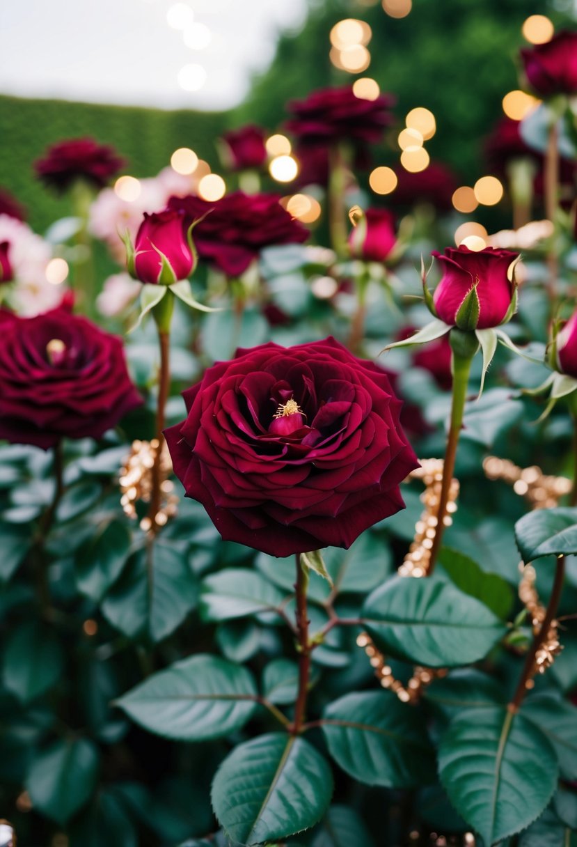 A lush burgundy rose garden accented with glistening rose gold details