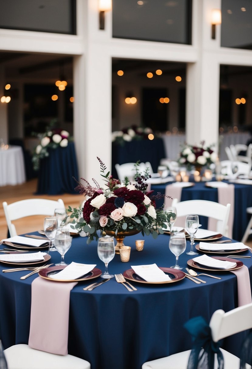 A burgundy and navy blue color palette with floral arrangements and table settings at a wedding reception