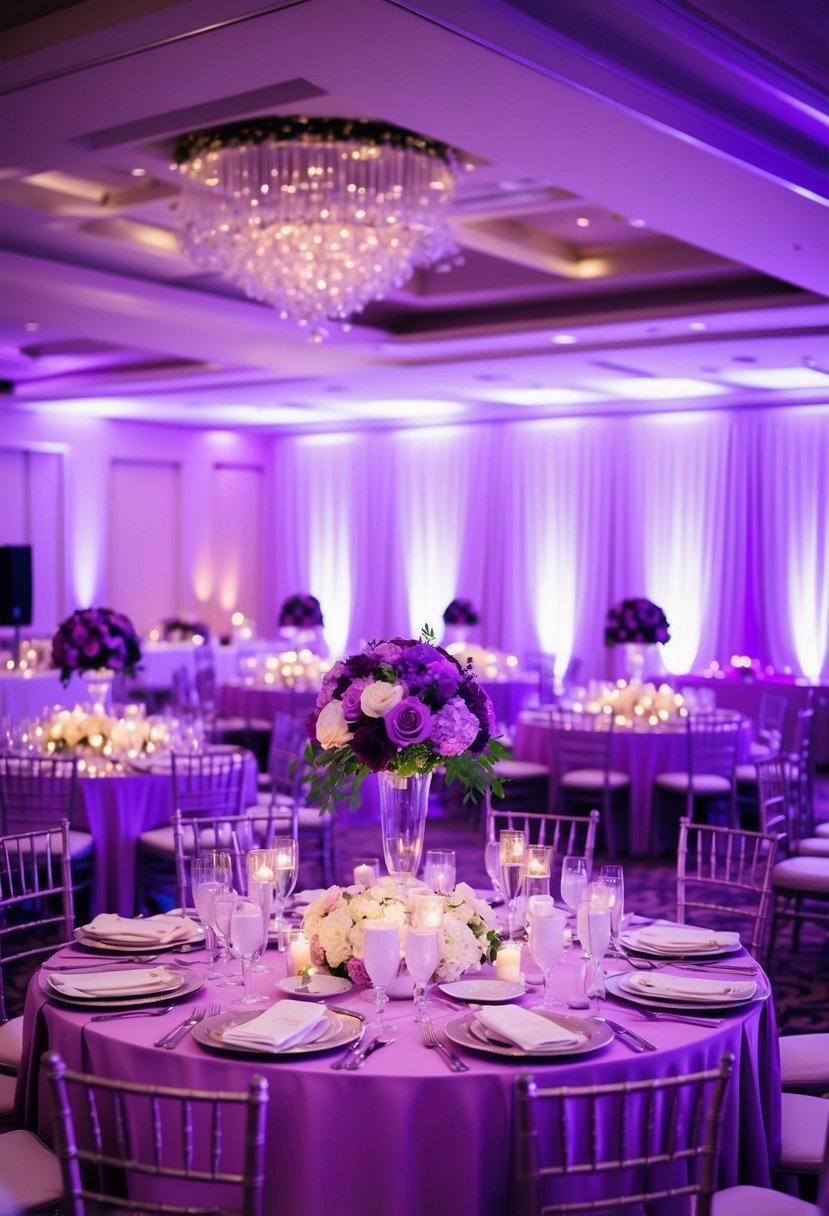 A lavish wedding reception with purple floral centerpieces, elegant table settings, and soft purple lighting creating a romantic and luxurious atmosphere