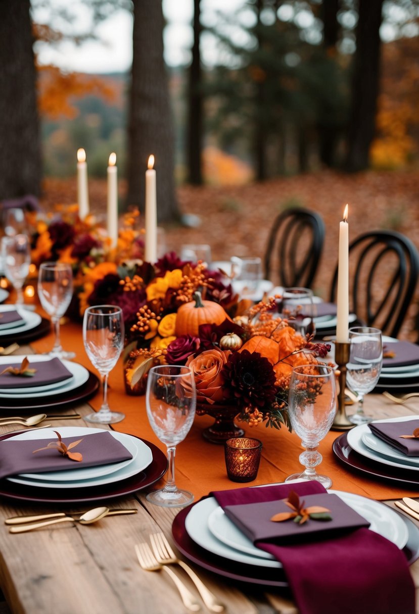 A cozy autumn wedding table set with burgundy and burnt orange decor