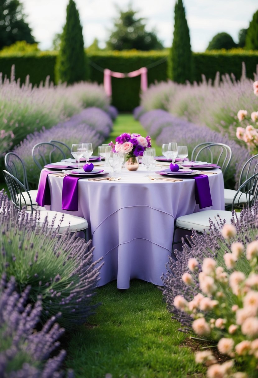 A garden filled with lavender and blush flowers, with a table set in the center adorned with purple and pink decorations