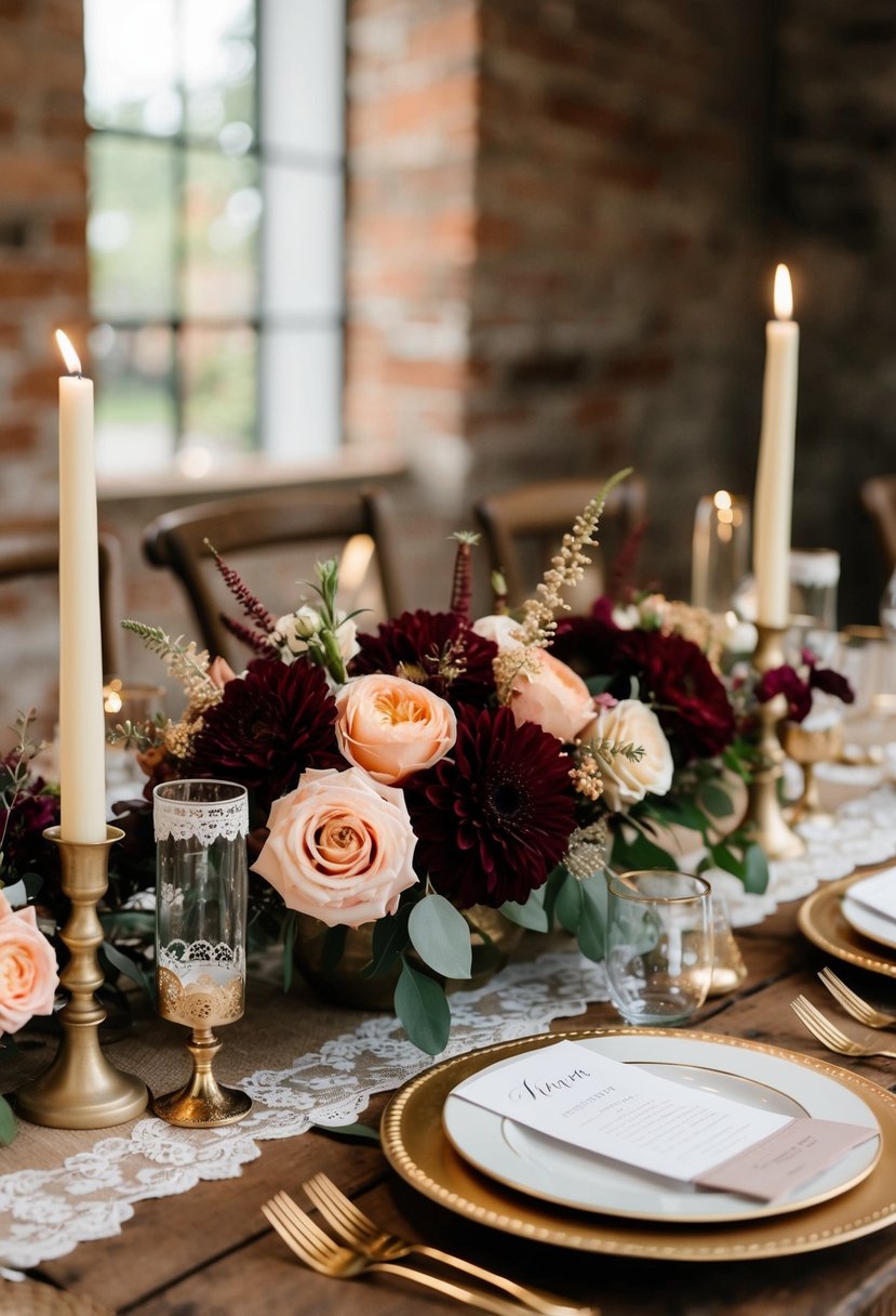 A rustic wedding table set with burgundy and peach floral centerpieces, accented with gold candle holders and vintage lace details