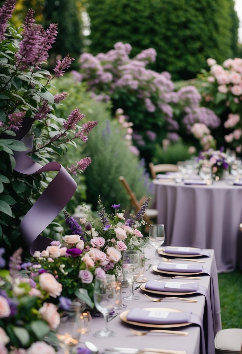 A garden filled with mauve and pink flowers, a flowing purple ribbon weaving through the foliage, and a table set with lavender-hued linens and delicate floral centerpieces