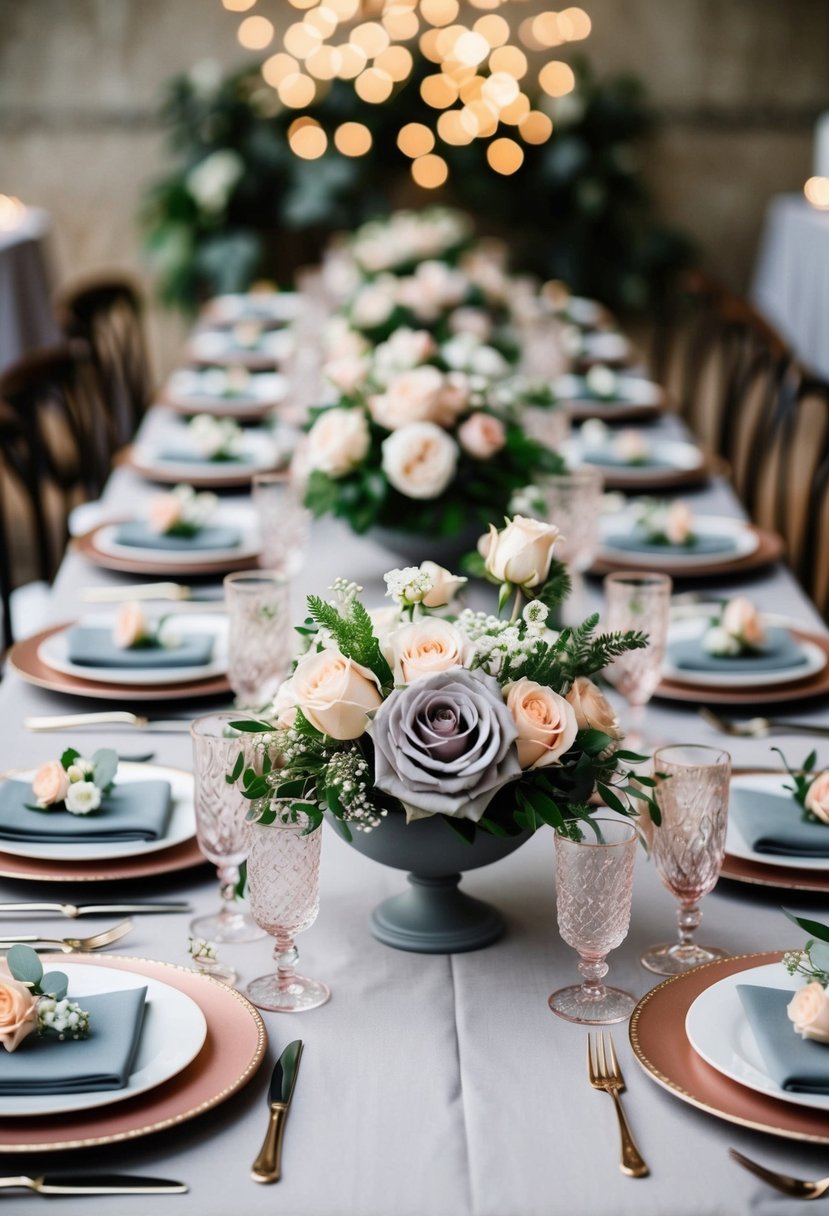 An elegant wedding table set with old rose and grey decor, including floral centerpieces and coordinated table settings