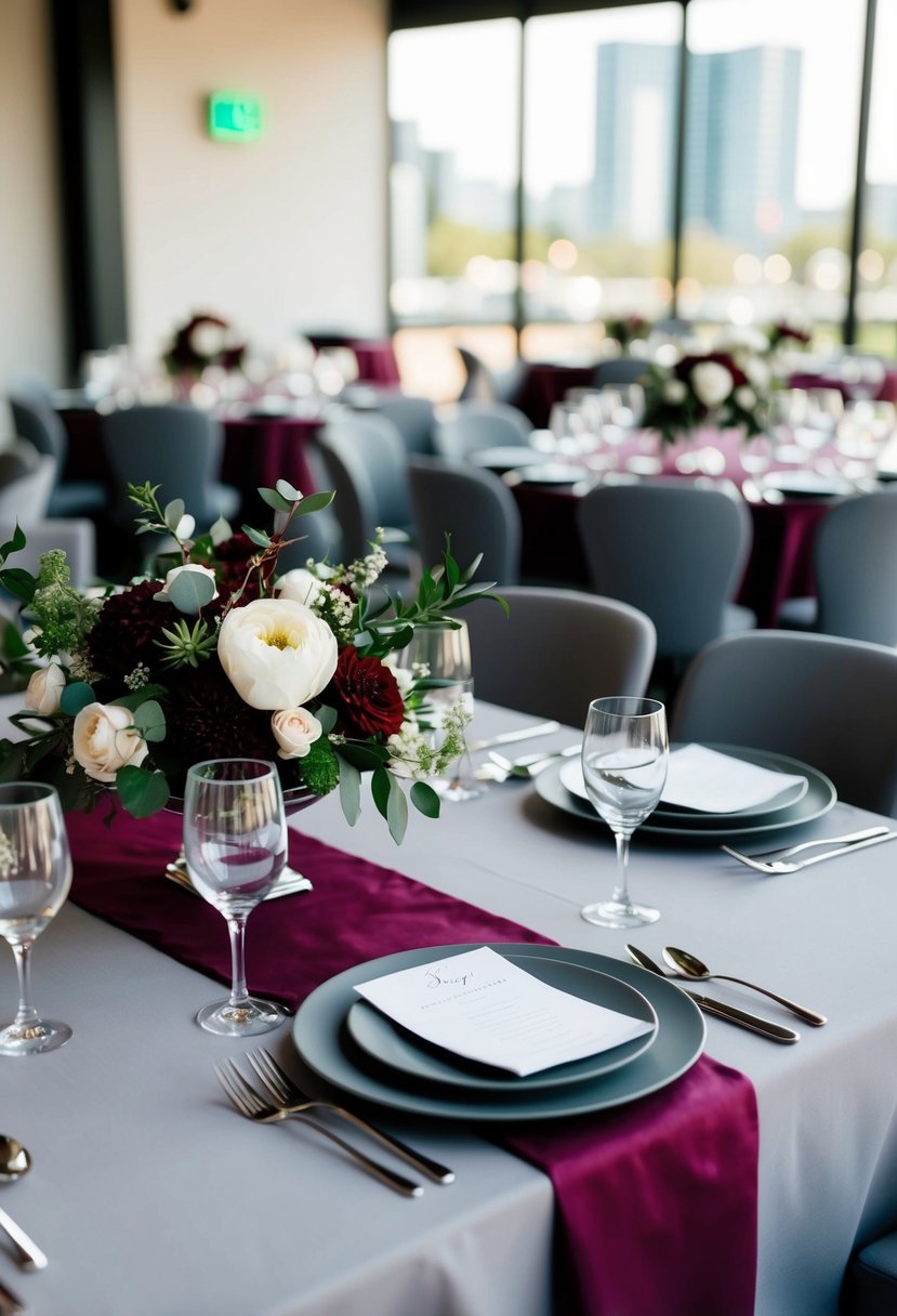 A sleek burgundy and grey wedding table setting with elegant floral centerpieces and modern tableware