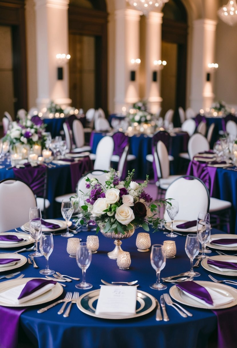 A regal wedding table set with deep purple and navy linens, elegant floral centerpieces, and shimmering silver accents