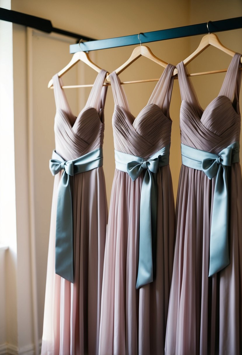 Dusty rose dresses with grey sashes hang in a sunlit room