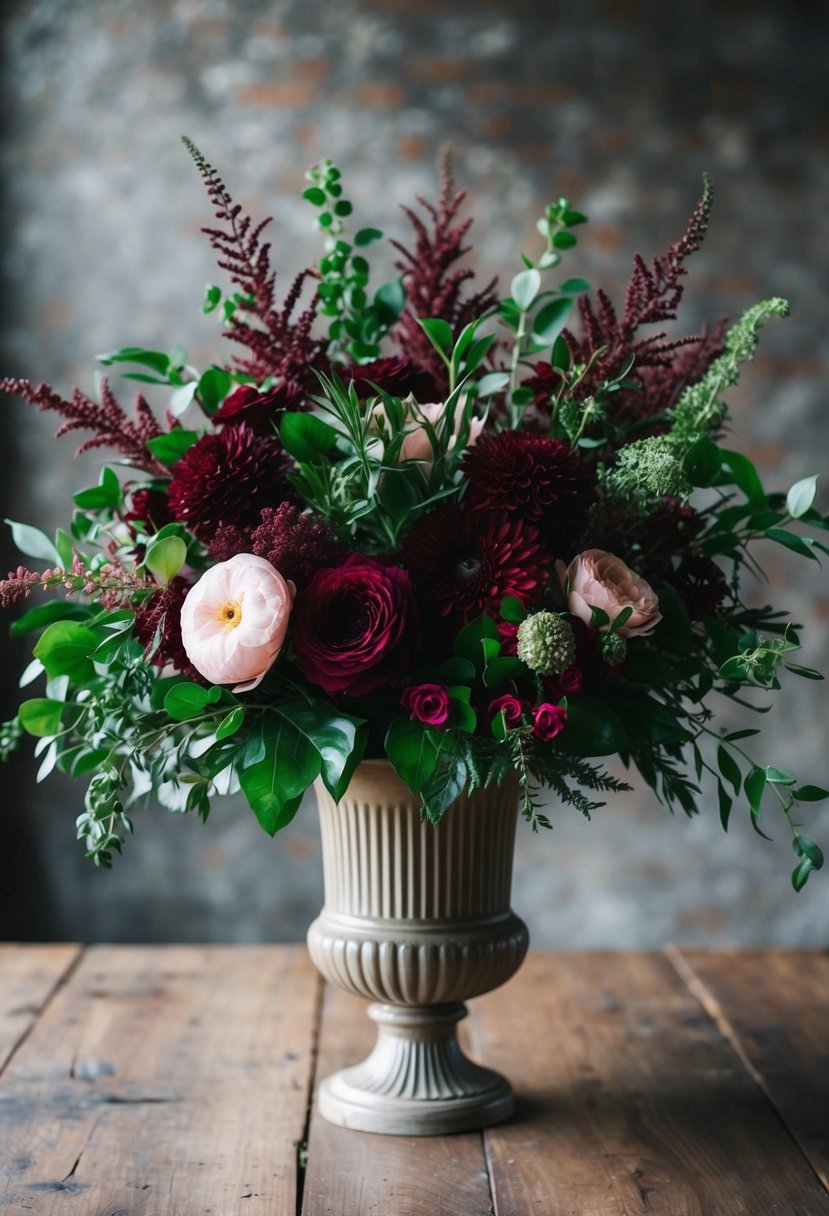 A lush bouquet of deep burgundy, soft pink, and vibrant greenery arranged in an elegant vase on a rustic wooden table