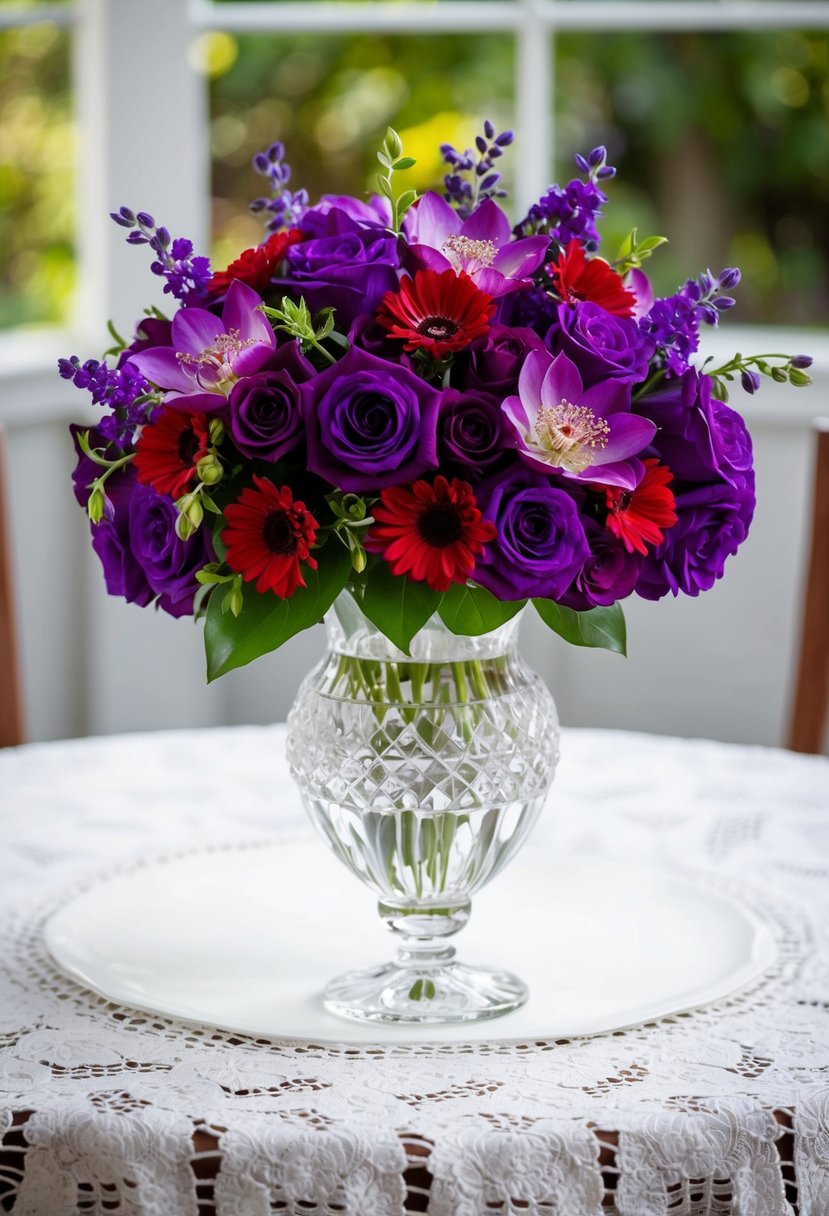 A lush bouquet of plum and red passion purple flowers arranged in a crystal vase on a white lace tablecloth