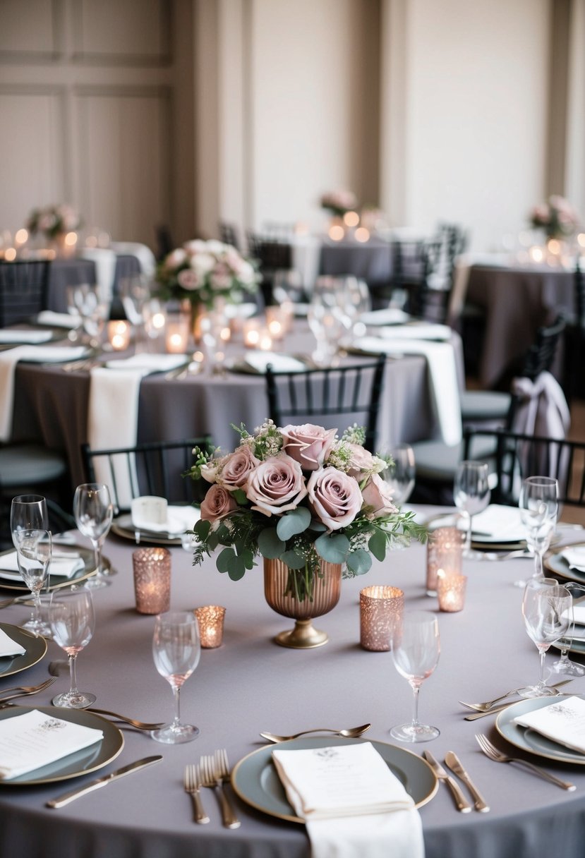 Grey tablecloths with dusty rose centerpieces adorn the reception tables, creating a romantic and elegant ambiance for the old rose and grey wedding color scheme