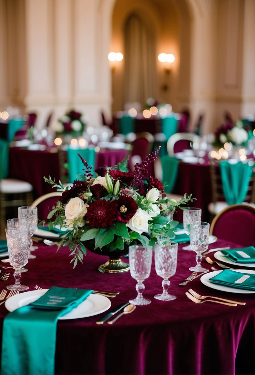 A rich burgundy and emerald wedding scene with jewel-toned flowers, velvet tablecloths, and glistening glassware