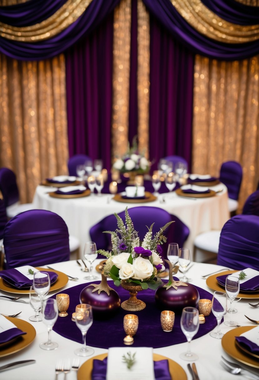 A regal wedding table adorned with deep purple eggplants and shimmering gold accents, set against a backdrop of rich, luxurious fabrics in the same opulent colors