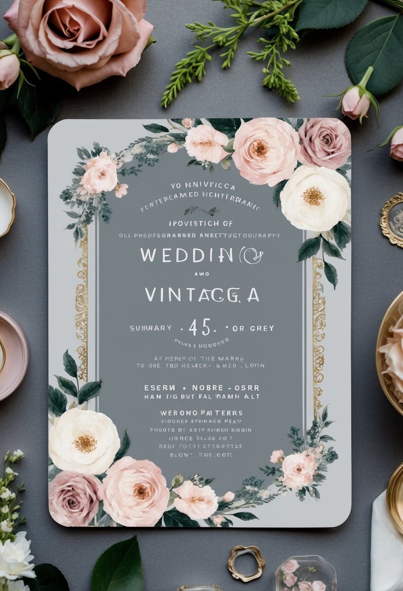 A vintage-inspired wedding invitation with old rose and grey color scheme, adorned with delicate floral patterns and elegant typography