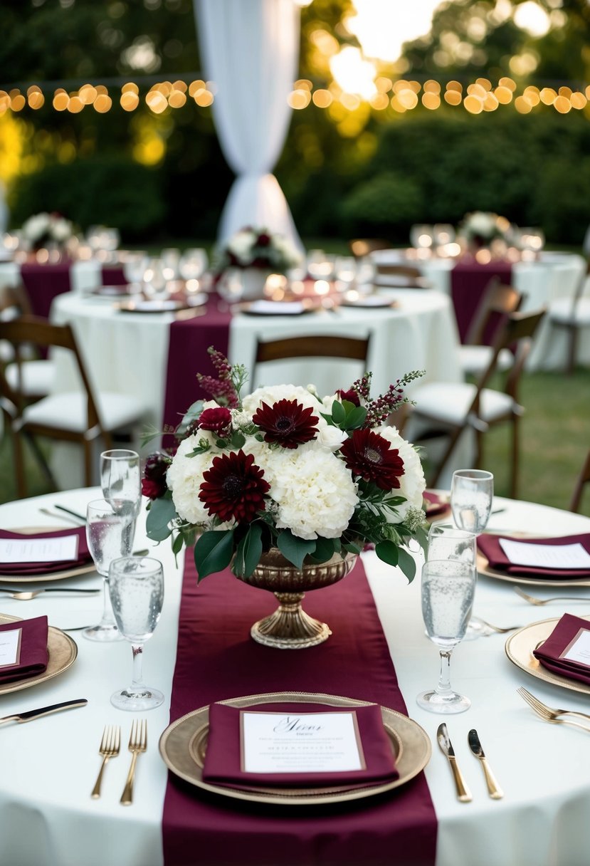 A wedding table set with burgundy and white floral centerpieces, matching linens, and elegant place settings