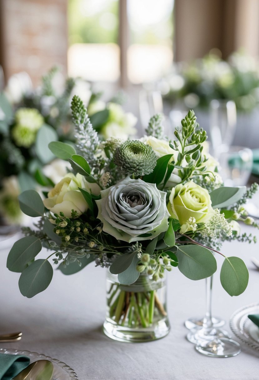 Sage green and grey florals in a vintage-inspired wedding setting