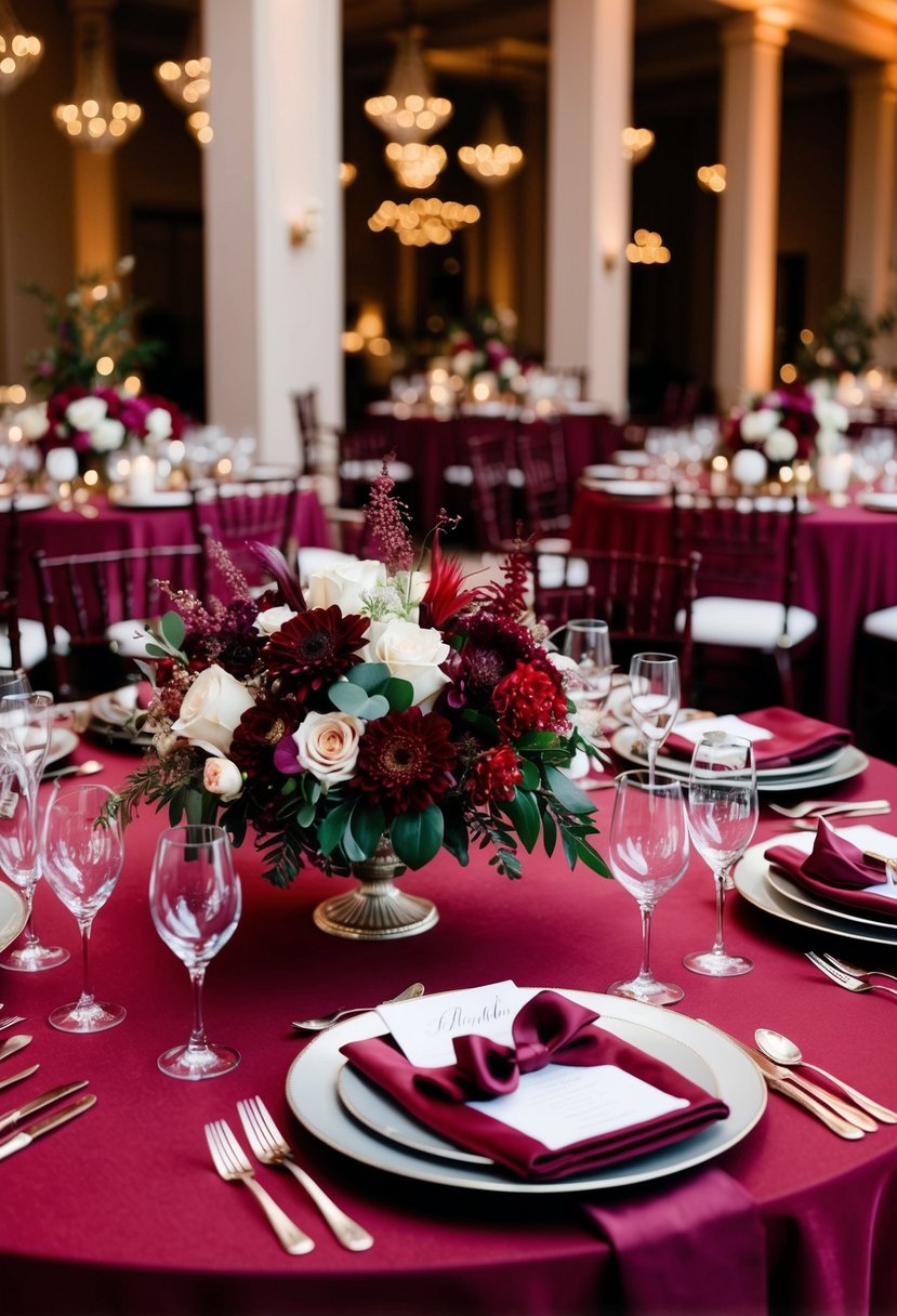 A lavish burgundy and red wedding table setting with elegant floral arrangements and richly colored linens