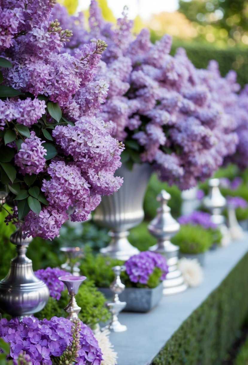 A lush lilac garden with silver accents, featuring blooming flowers and elegant decor in shades of purple