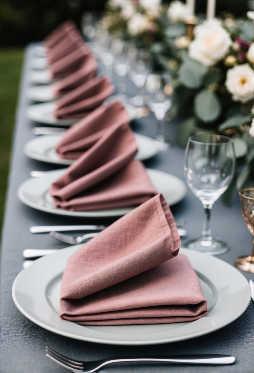 Dusty rose napkins arranged with grey table settings in a romantic wedding color scheme