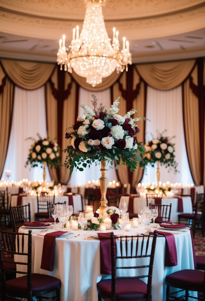 A grand ballroom adorned with burgundy and ivory floral arrangements, elegant drapery, and glowing candlelight