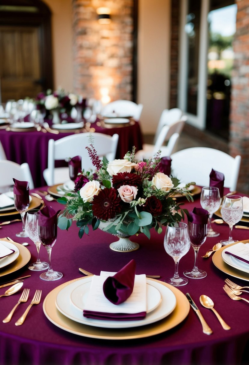 A rich burgundy and maroon wedding table set with floral centerpieces and elegant place settings