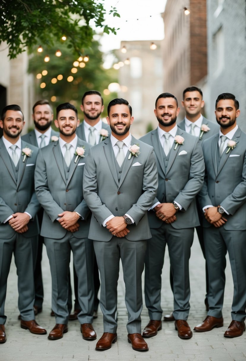 A group of grey suits with dusty rose boutonnieres arranged in a stylish wedding setting