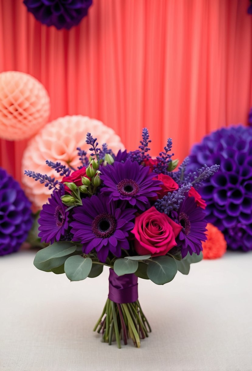 A deep grape and coral vibrance wedding color palette: a bouquet of rich purple flowers against a backdrop of coral and grape-colored decorations