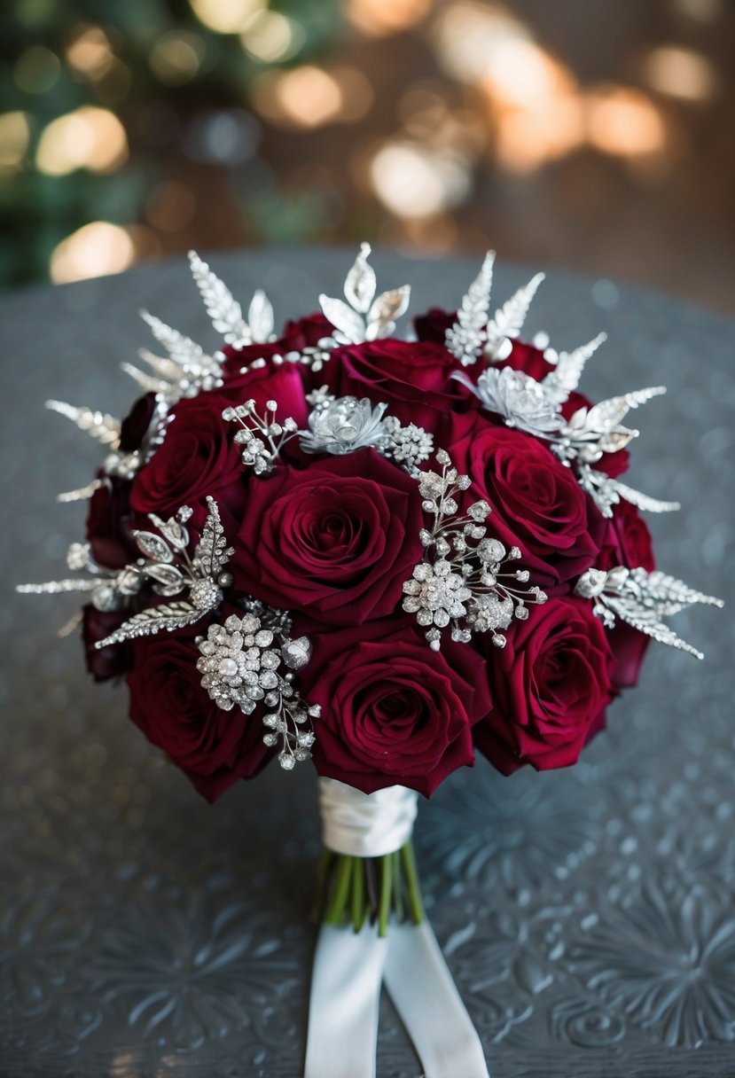 A rich burgundy wedding bouquet with silver accents