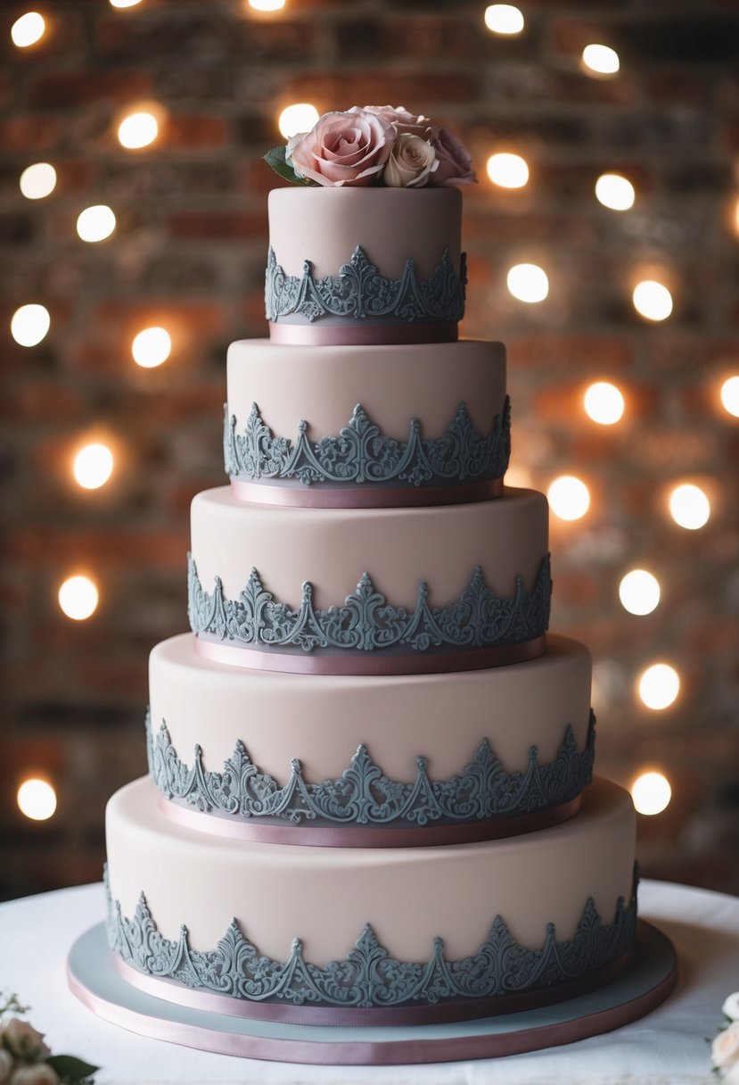 An elegant, tiered wedding cake in old rose with intricate grey detailing