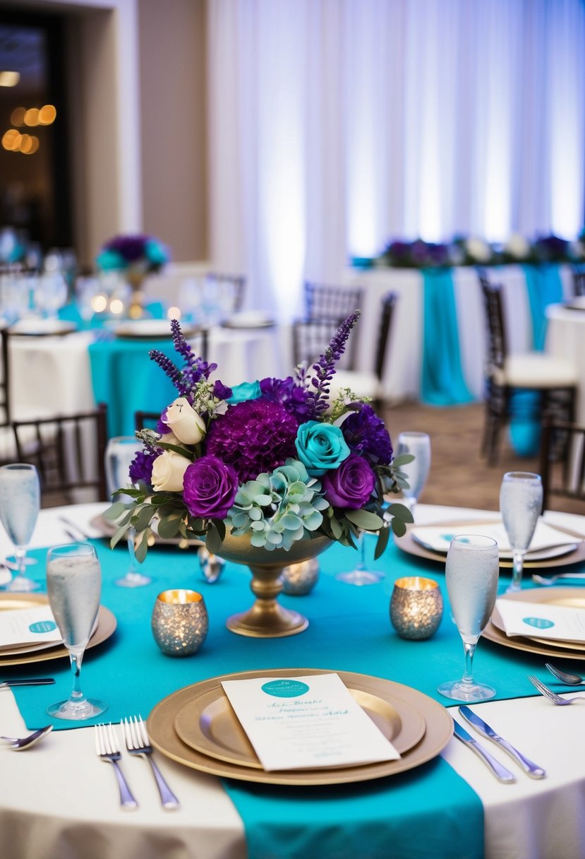 An amethyst and turquoise twist in floral arrangements, table settings, and decor at a wedding reception