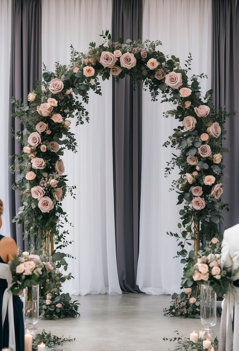 A dusty rose and grey ceremony arch adorned with old rose and grey floral arrangements, creating a romantic and elegant wedding color palette