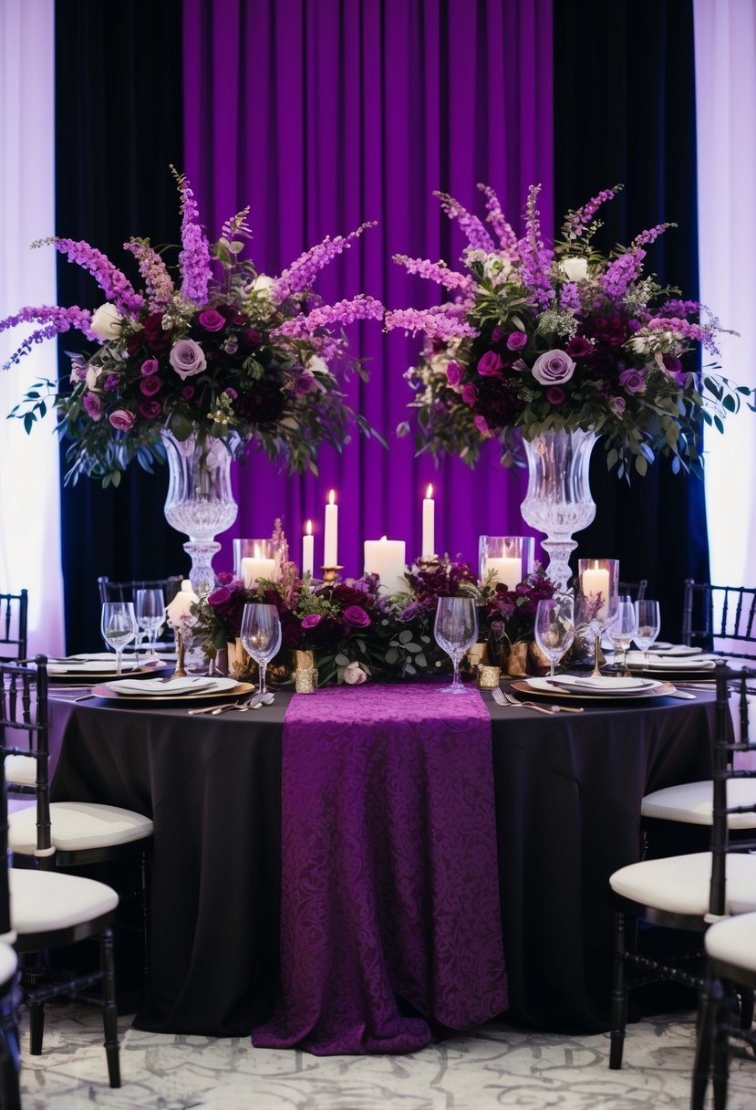 A regal violet and black color scheme for a dramatic wedding setting with rich floral arrangements and elegant decor