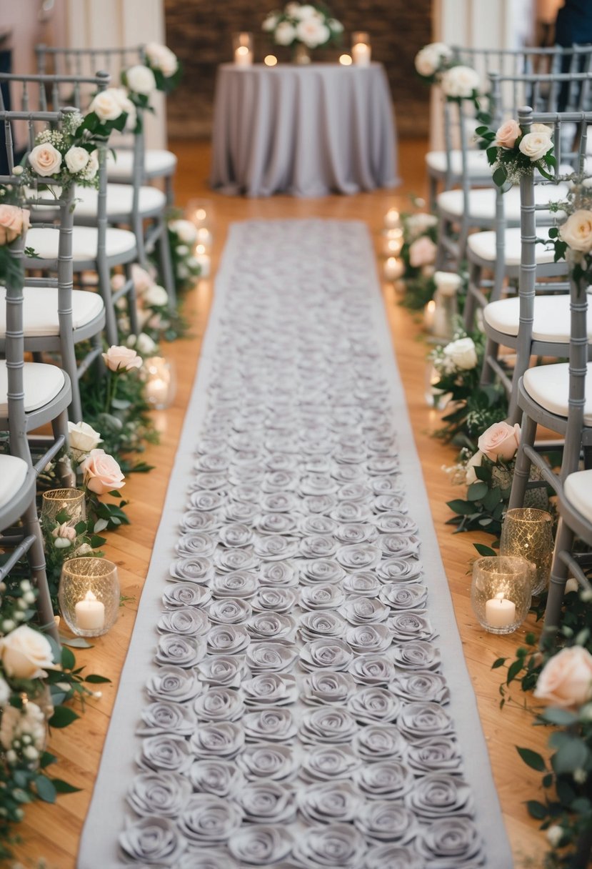 An old rose and grey aisle runner leading through a romantic wedding setting with matching decor and floral arrangements